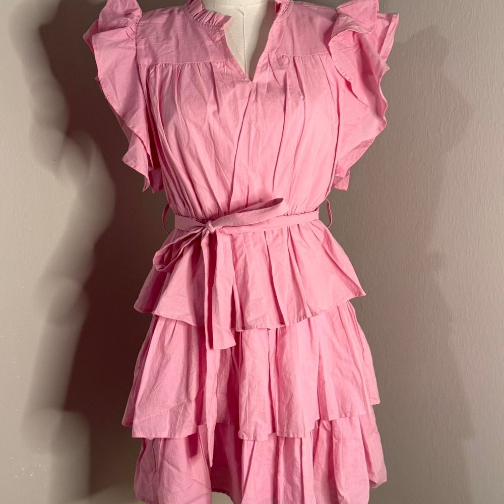 &merci Pink Ruffle Dress Tie Waist Tiered Flutter Sleeve V-Neck Mini Dress Small